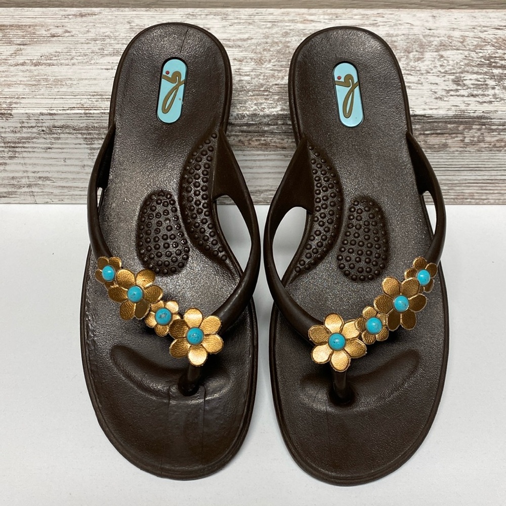 Oka.b  Brown With Copper Flowers Flip Flop Sandal